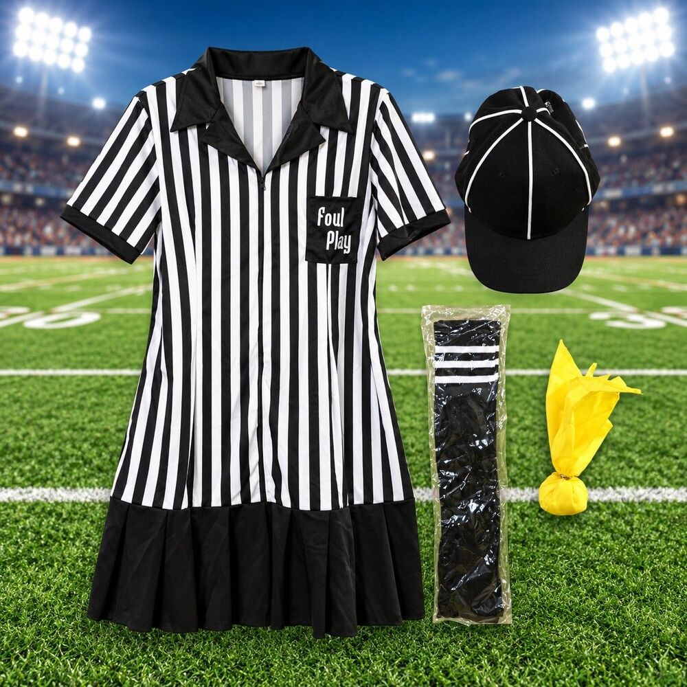 Women’s Sexy Foul Play Referee Halloween Costume Fits M L Dress Hat Socks Flag